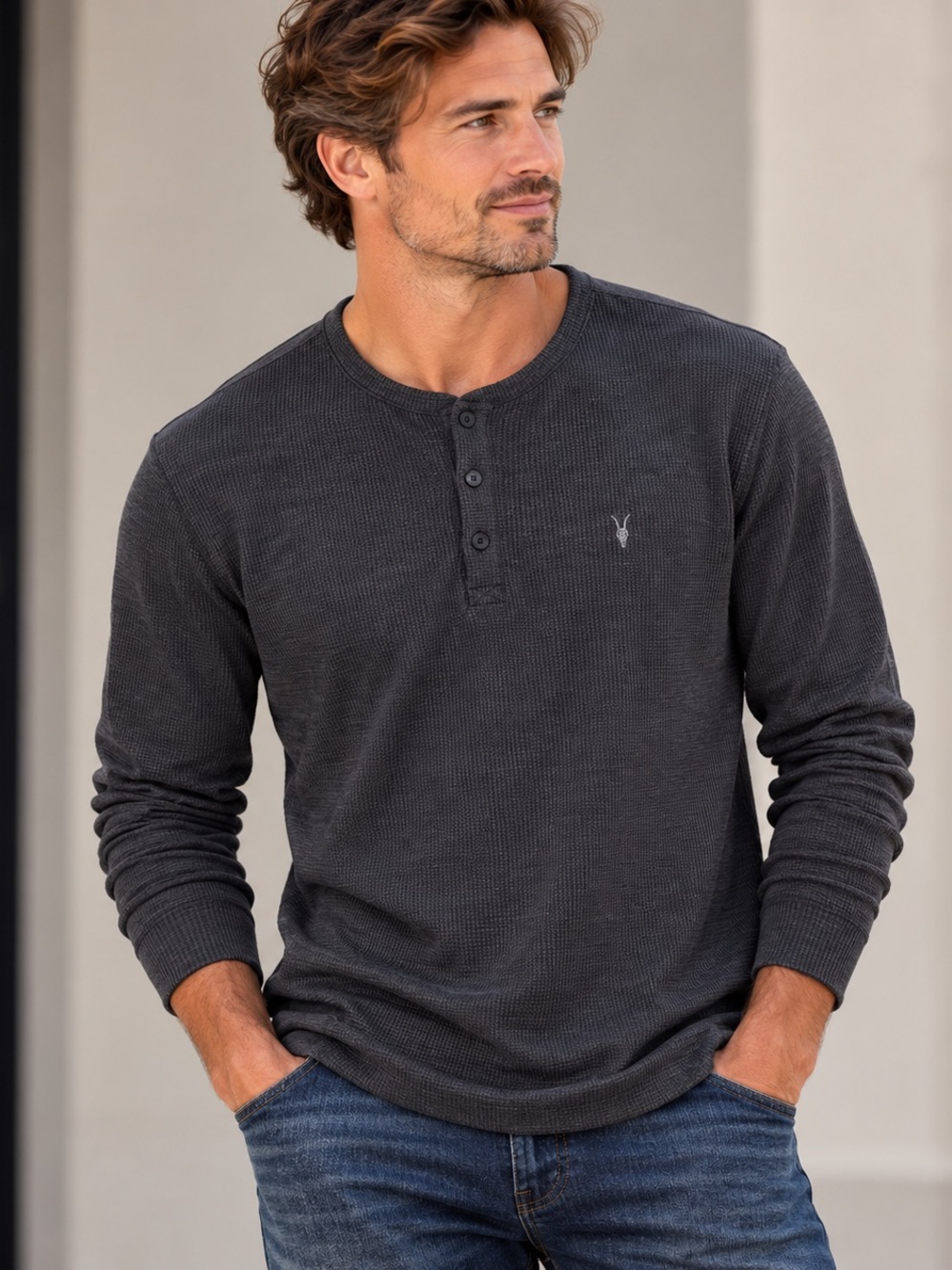 AllSaints Drucker Charcoal Waffle Knit Henley